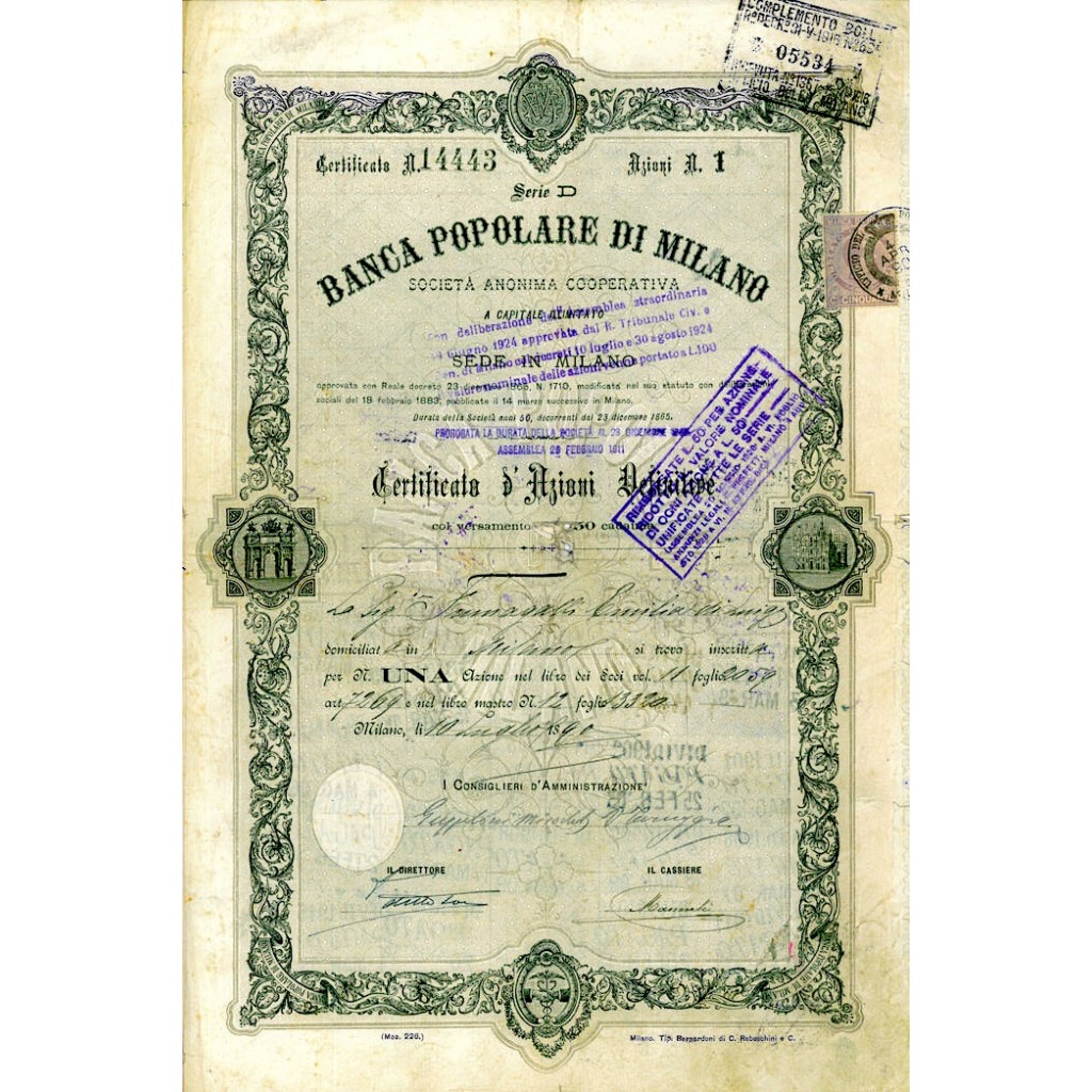 1890 - BANCA POPOLARE DI MILANO N. 1 AZIONE DA LIRE 50 - MILANO