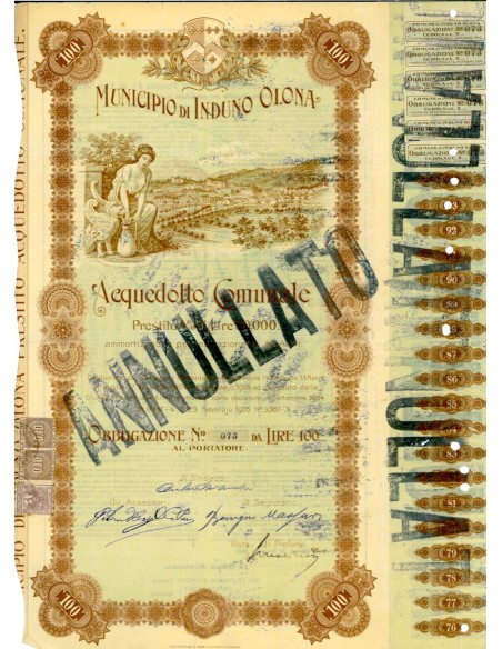 1905 - MUNICIPIO DI INDUNO OLONA ACQUEDOTTO COMUNALE - 1 OBBL. 100 LIRE