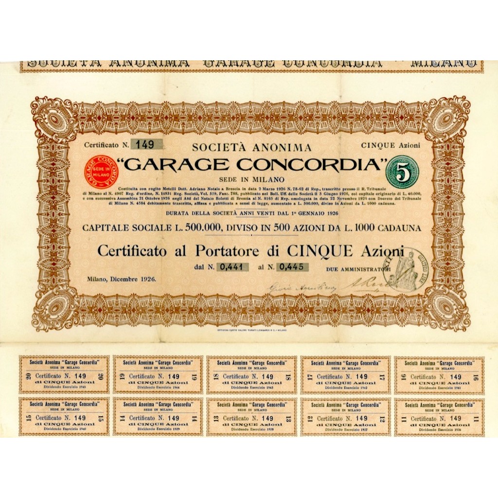 1926 - GARAGE CONCORDIA 5 AZIONI - MILANO
