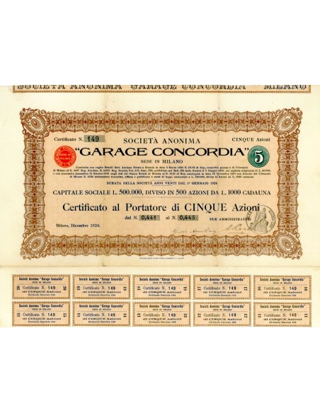 1926 - GARAGE CONCORDIA 5 AZIONI - MILANO