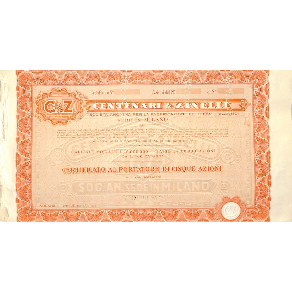 CENTENARI & ZINELLI - 5 AZIONI MILANO 1938