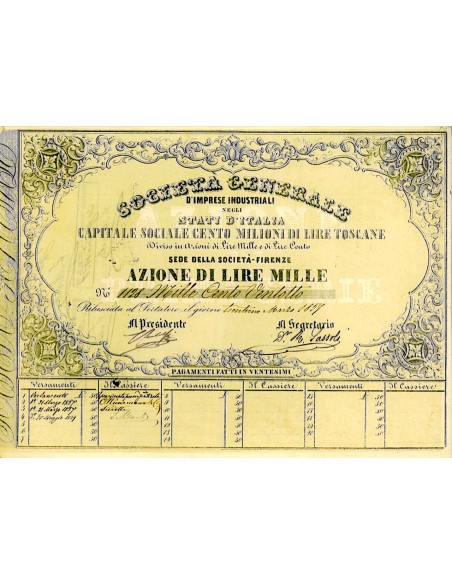 1859 - SOCIETA' GENERALE D'IMPRESE INDUSTRIALI NEGLI STATI D'ITALIA Lire 1.000 - FIRENZE
