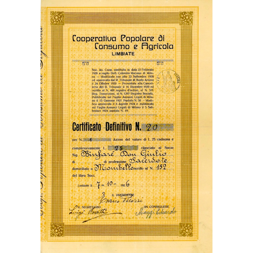 1926 - COOPERATIVA POPOLARE DI CONSUMO E...