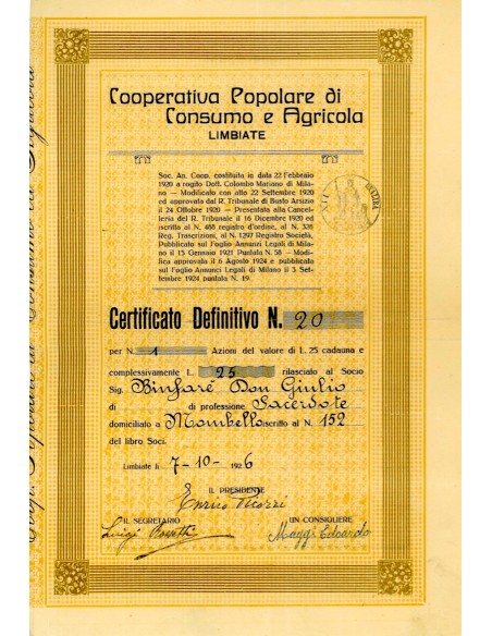 1926 - COOPERATIVA POPOLARE DI CONSUMO E AGRICOLA LIMBIATE