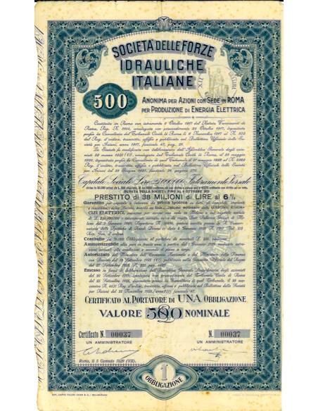 1929 - SOCIETA' DELLE FORZE IDRAULICHE ITALIANE 1 OBBL. LIRE 500 - ROMA
