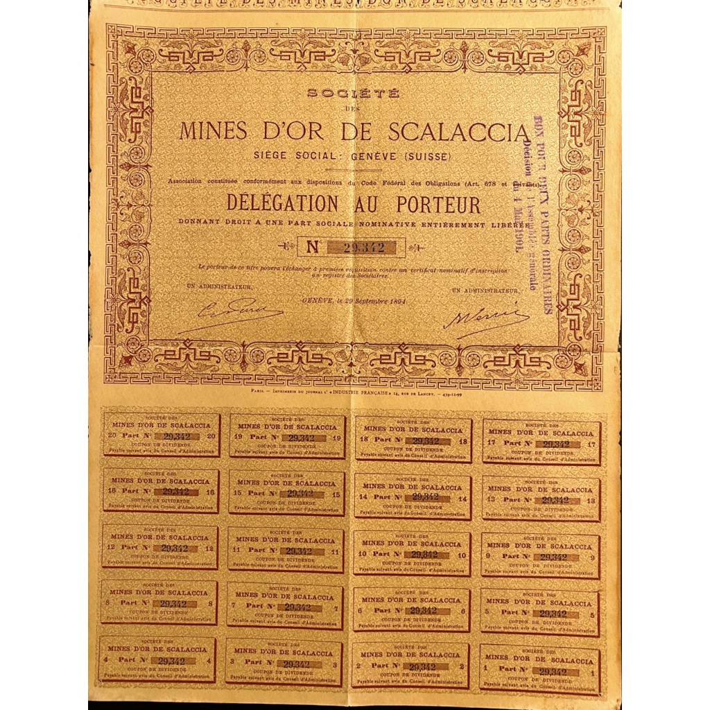 1894 - SOCIETE' DE MINES  D'OR DE SCALACCIA - GINEVRA