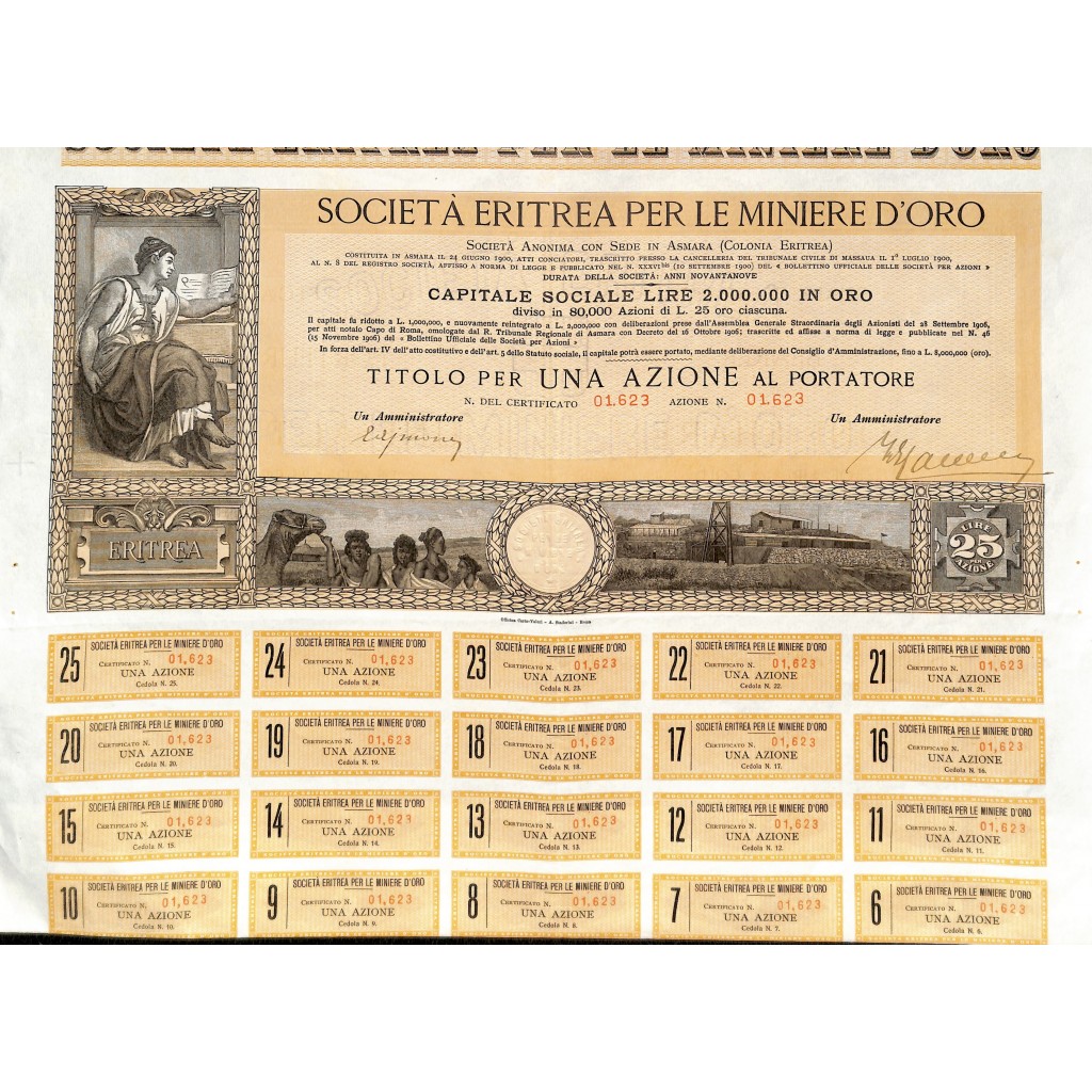 1900 - SOCIETA' ERITREA PER LE MINIERE D`ORO - 1 AZIONE - ASMARA (COLONIA ERITREA)