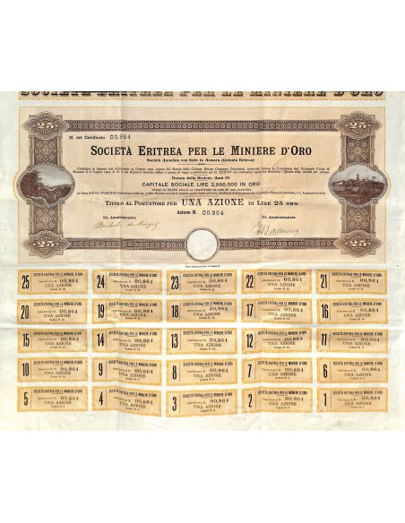 1900 - AZIONE DI FONDAZIONE SOCIETA' ERITREA PER LE MINIERE D`ORO - 1 AZIONE - ASMARA (COLONIA ERITREA)
