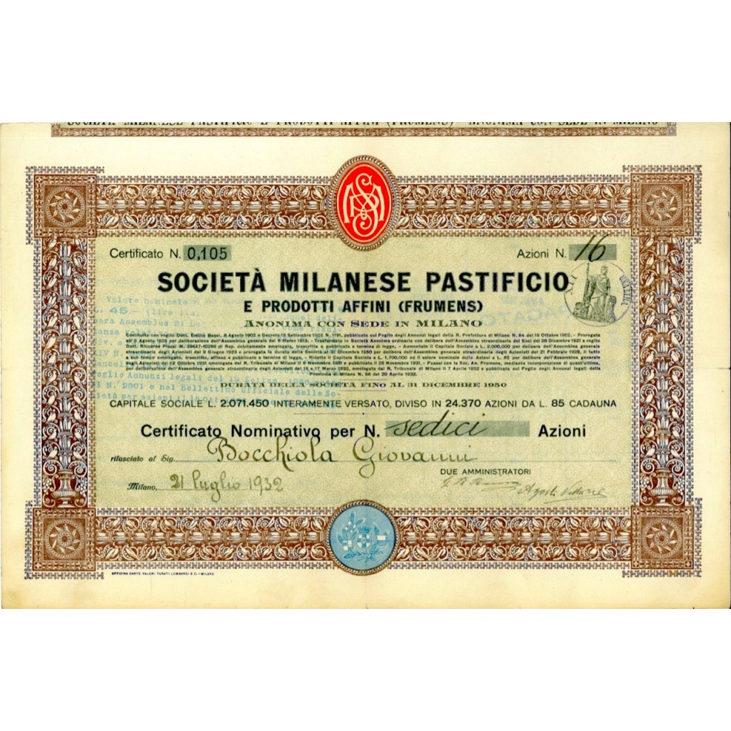 1932 - SOCIETA' MILANESE PASTIFICIO E...