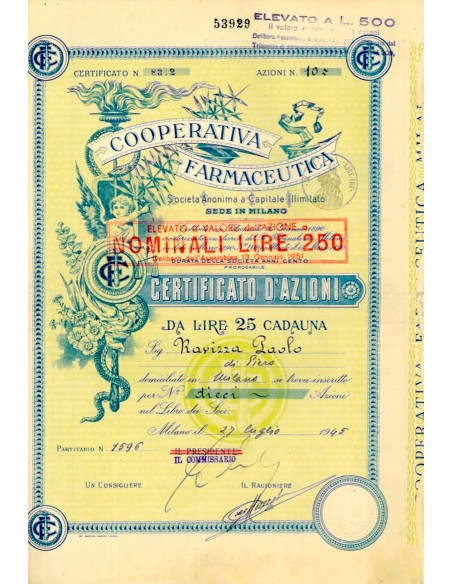 1945 - COOPERATIVA FARMACEUTICA N. 10 AZIONI DA LIRE 25 - MILANO