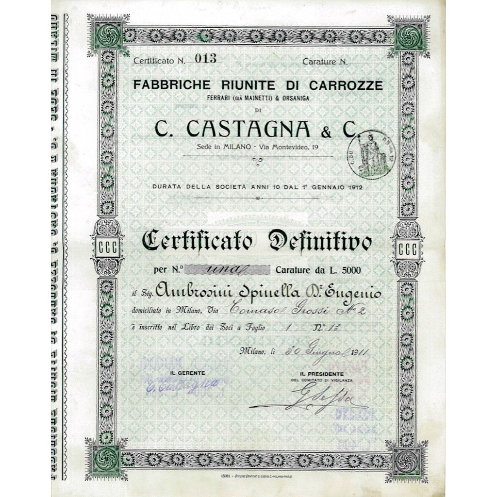 1911 - FABBRICHE RIUNITE DI CARROZZE FERRARI...