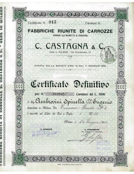 1911 - FABBRICHE RIUNITE DI CARROZZE FERRARI (già MAINETTI) & ORSANIGA DI C. CASTAGNA - MILANO