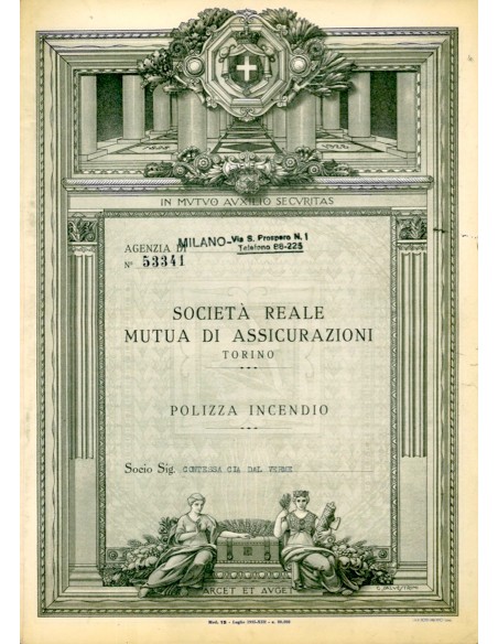 1936 - SOCIETA' REALE D'ASSICURAZIONE GENERALE - POLIZZA INCENDIO - MILANO