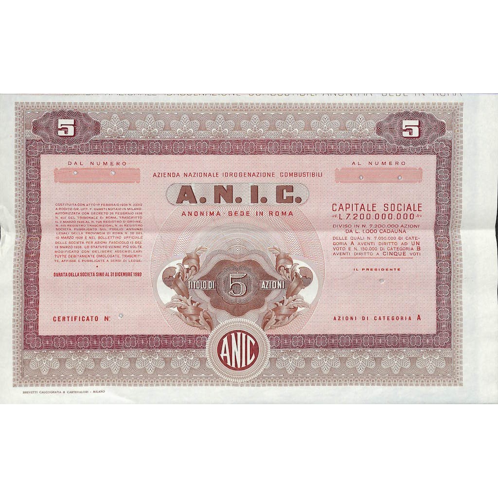 A.N.I.C. AZIENDA NAZ. IDROGENAZIONE COMBUSTIBILI - 5 AZIONI ROMA