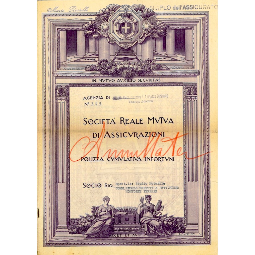 1942 - SOCIETA' REALE D'ASSICURAZIONE GENERALE - POLIZZA INFORTUNI - MILANO