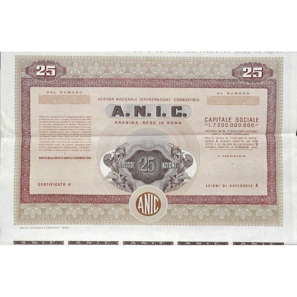 A.N.I.C. AZIENDA NAZ. IDROGENAZIONE COMBUSTIBILI - 25 AZIONI ROMA