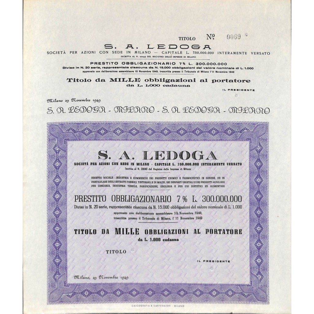S.A. LEDOGA - 1000 OBBLIGAZIONI - MILANO 1949