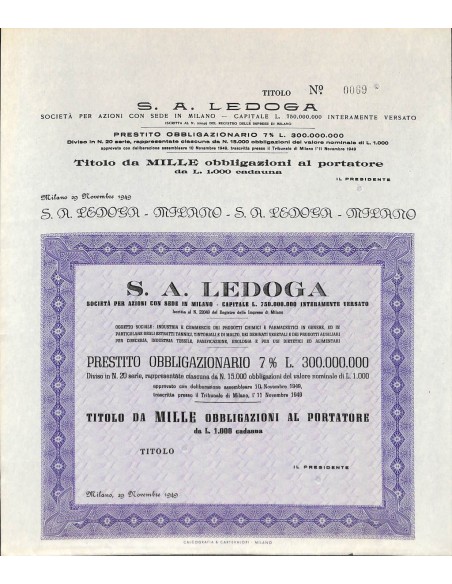 S.A. LEDOGA - 1000 OBBLIGAZIONI - MILANO 1949