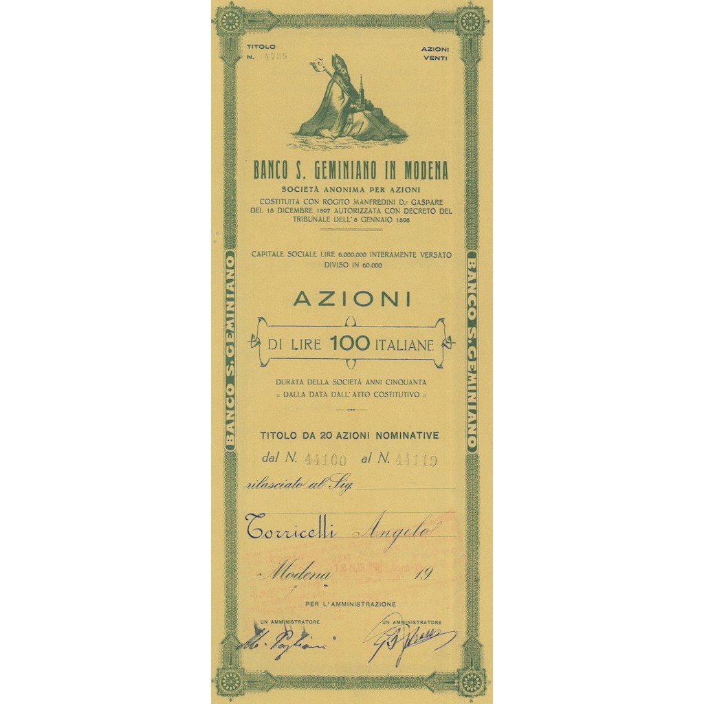 BANCO DI SAN GEMINIANO IN MODENA 20 AZIONI MODENA