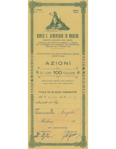 BANCO DI SAN GEMINIANO IN MODENA 20 AZIONI MODENA