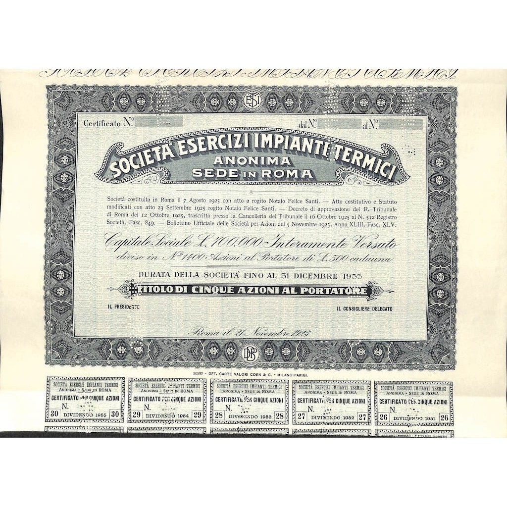 SOC. ESERCIZI IMPIANTI TERMICI - 5 AZIONI ROMA 1925