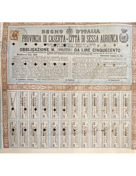 1878 - PROVINCIA DI CASERTA - CITTA' DI SESSA AURUNCA 1 OBBLIGAZIONE