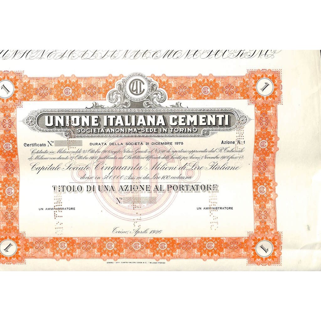 UNIONE ITALIANA CEMENTI - UNA AZIONE TORINO 1926