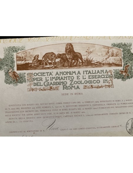 1909 - ITALIANA PER L`IMPIANTO E L'ESERCIZIO DEL GIARDINO ZOOLOGICO 5 AZIONI - ROMA