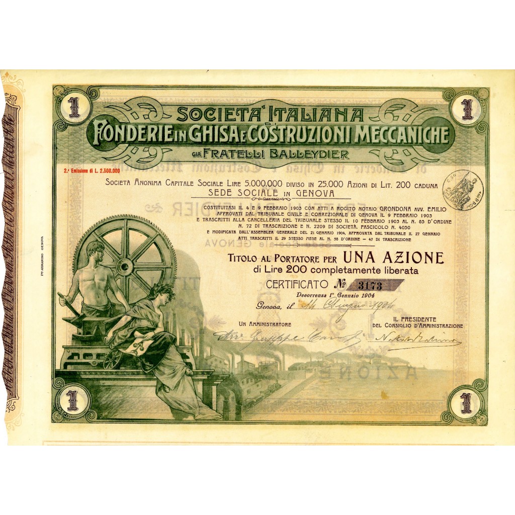 1904 - ITALIANA FONDERIA IN GHISA E COSTRUZIONI MECCANICHE GIA' FRATELLI BALLEYDIER 1 AZIONE - GENOVA