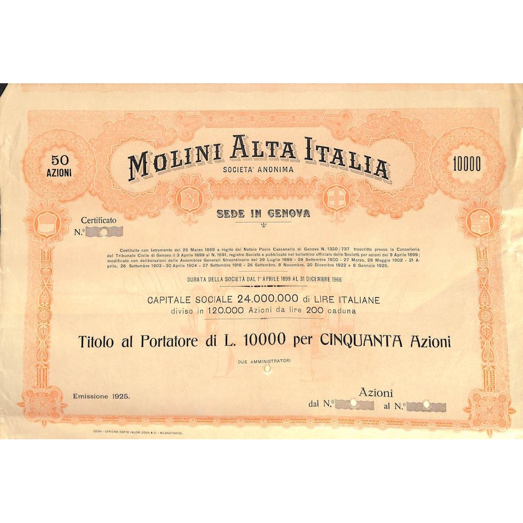 MOLINI ALTA ITALIA - 50 AZIONI GENOVA 1925
