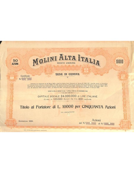 MOLINI ALTA ITALIA - 50 AZIONI GENOVA 1925