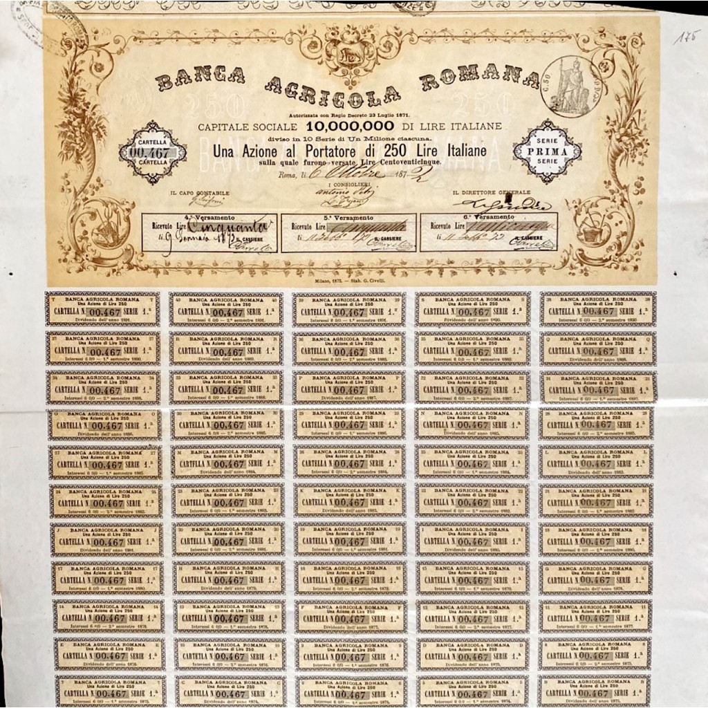1872 - BANCA AGRICOLA ROMANA 1 AZIONE - ROMA