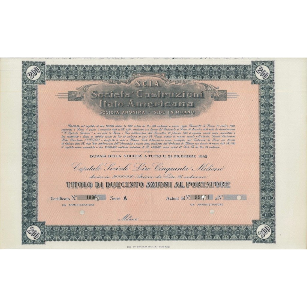 S.C.I.A. SOC. COSTRUZIONI ITALO AMERICANA 200 AZIONI MILANO 1922