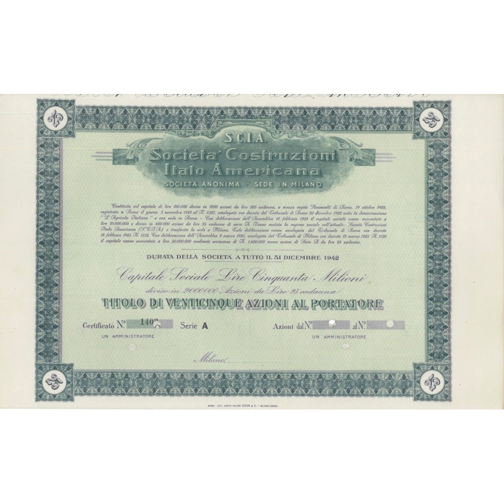 S.C.I.A. SOC. COSTRUZIONI ITALO AMERICANA 25 AZIONI MILANO 1922