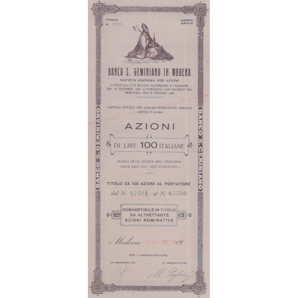 BANCO DI SAN GEMINIANO IN MODENA 100 AZIONI MODENA 1931