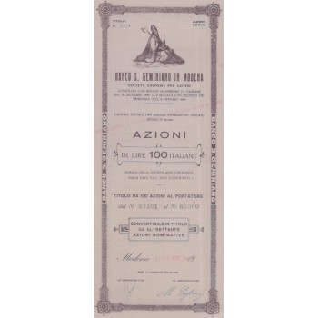BANCO DI SAN GEMINIANO IN MODENA 100 AZIONI MODENA 1931