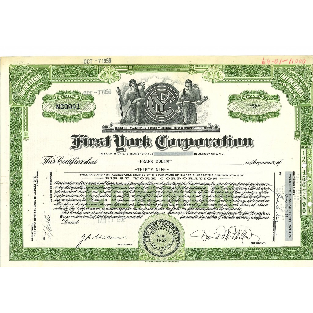 1952 - FIRST YORK CORPORATION 39 AZIONI