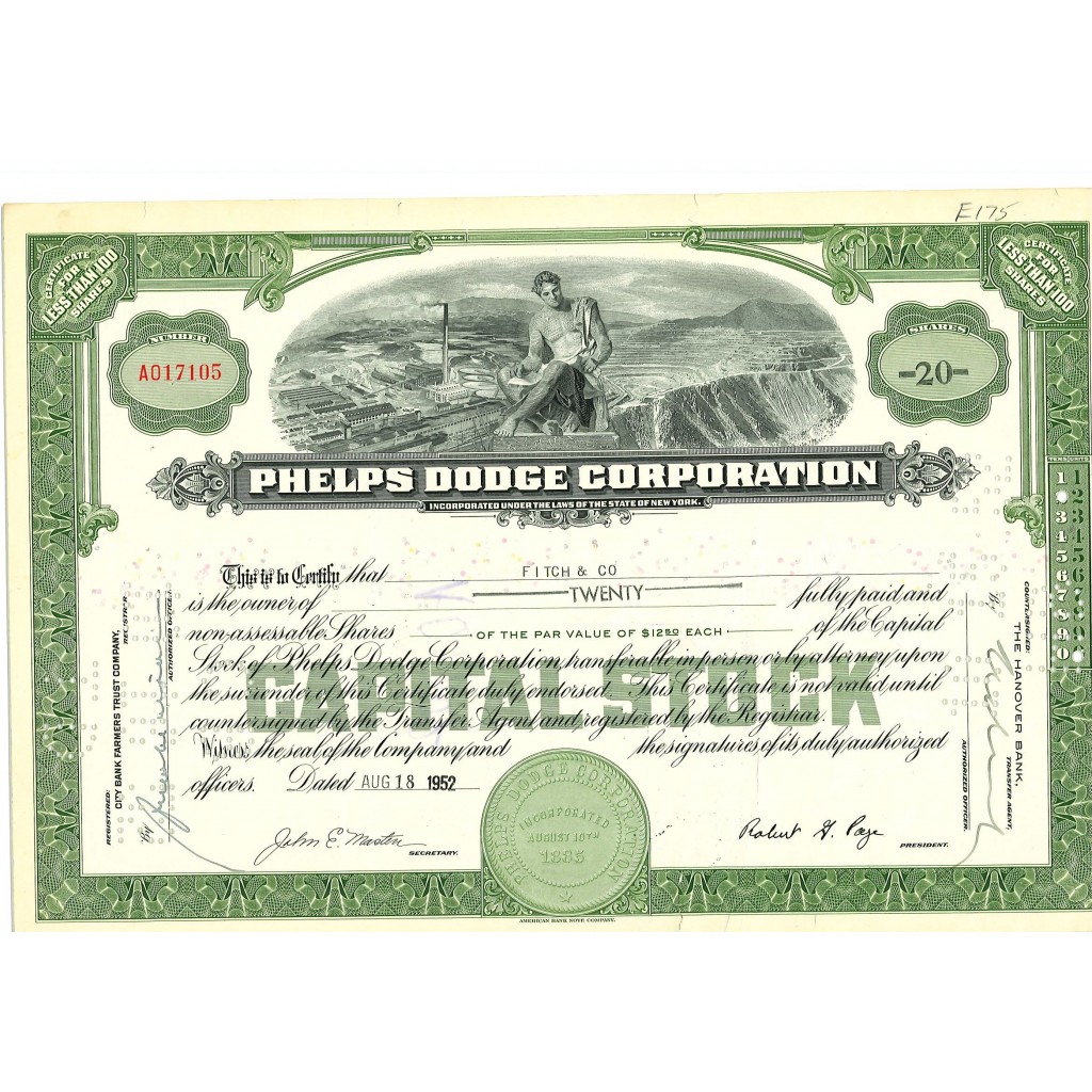 1952 - PHELPS DODGE CORPORATION - 20 AZIONI