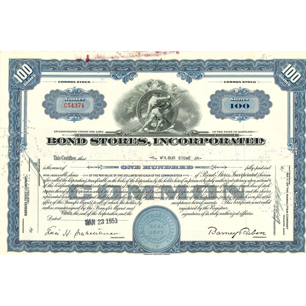 1953 - BOND STORES, INCORPORATED - 100 AZIONI