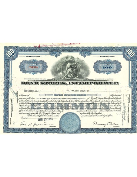 1953 - BOND STORES, INCORPORATED - 100 AZIONI