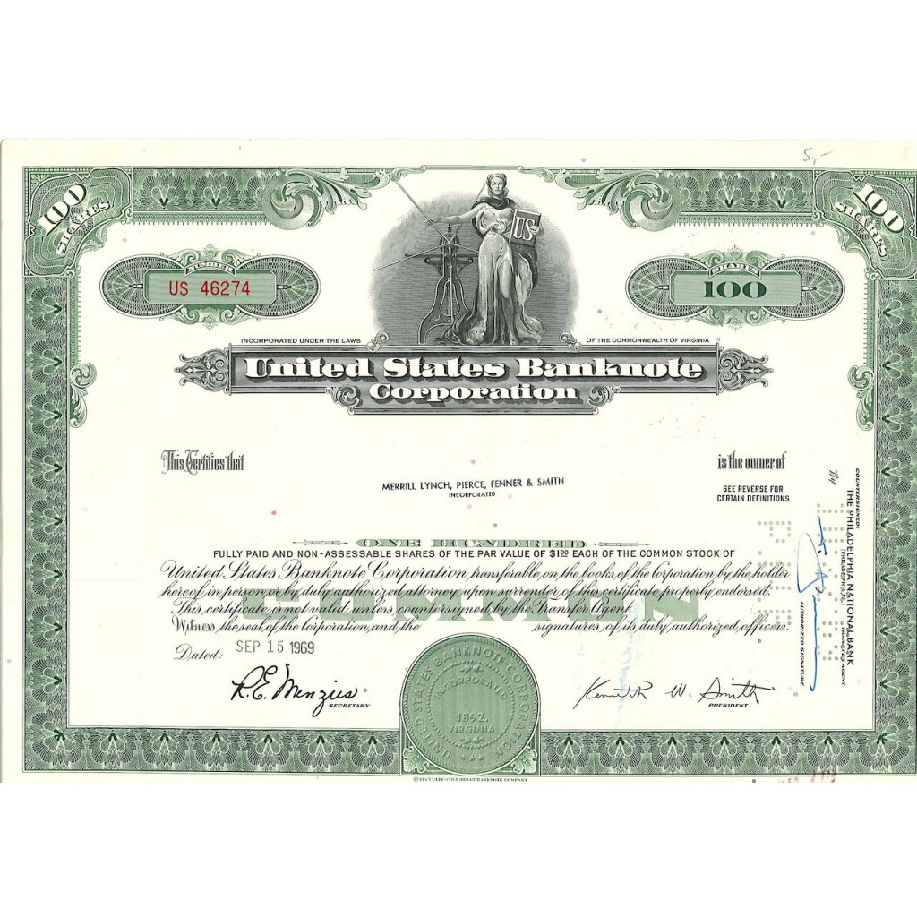 1969 - UNITED STATES BANKNOTE CORPORATION - 100...