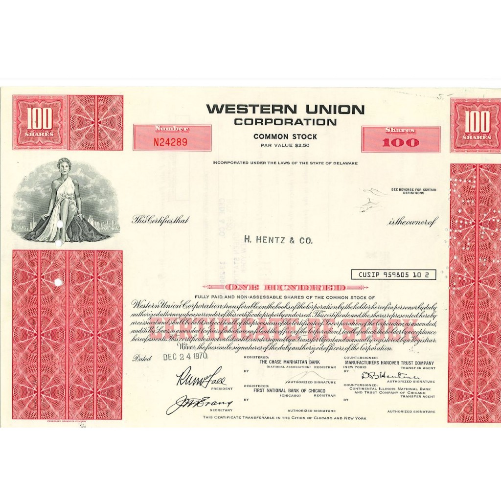 1970 - WESTERN UNION CORPORATION - 100 AZIONI