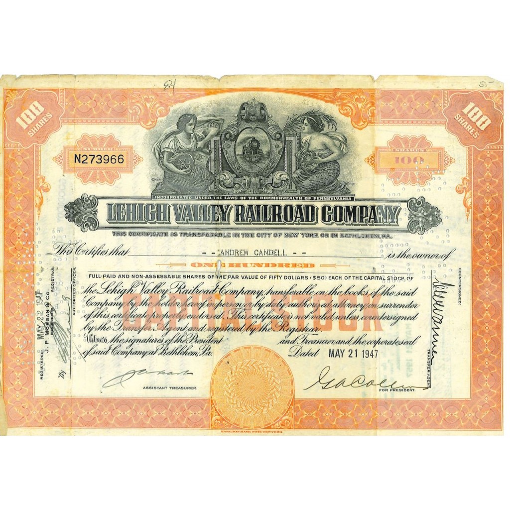 1947 - LEHIGH VALLEY RAILROAD COMPANY - 100 AZIONI