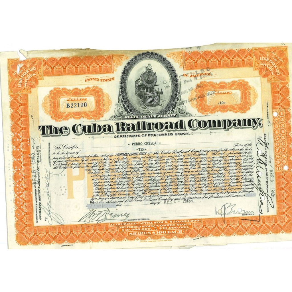 1943 - THE CUBA RAILROAD COMPANY - 10 AZIONI