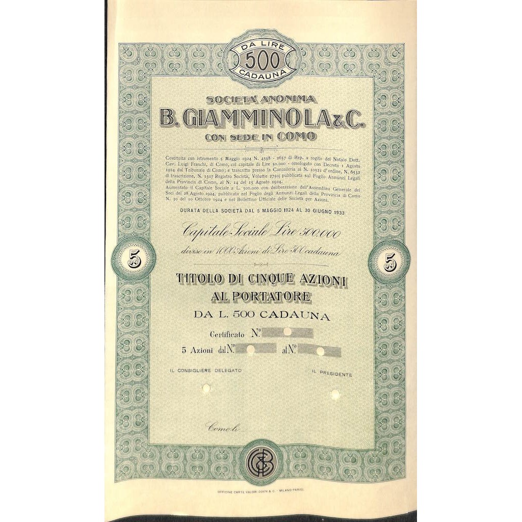 SOC. ANON. B. GIAMMINOLA & C. - 5 AZIONI COMO 1924