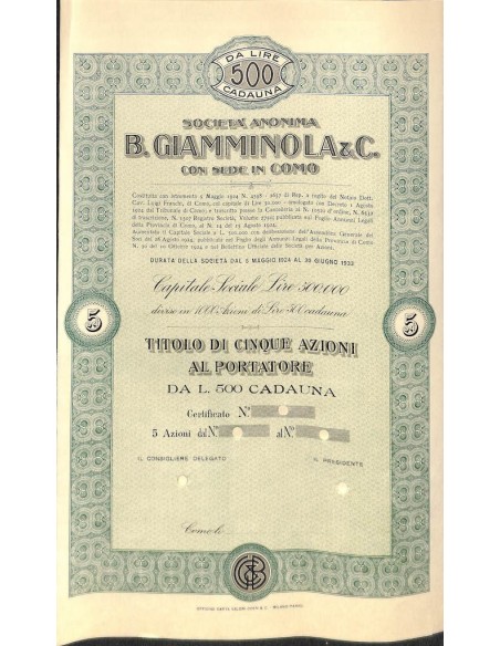 SOC. ANON. B. GIAMMINOLA & C. - 5 AZIONI COMO 1924