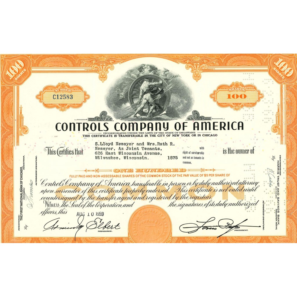 1959 - CONTROLS COMPANY OF AMERICA - 100 AZIONI