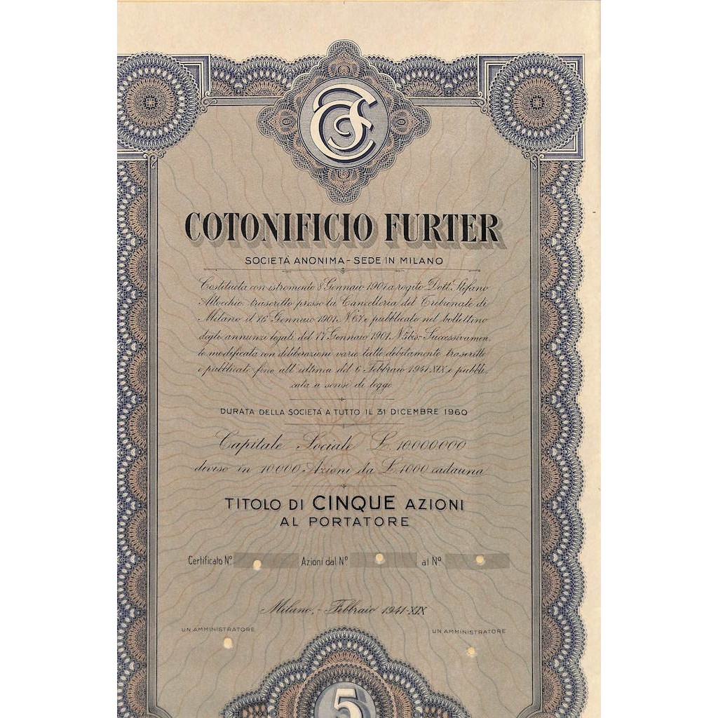 COTONIFICIO FURTER - 5 AZIONI MILANO 1941