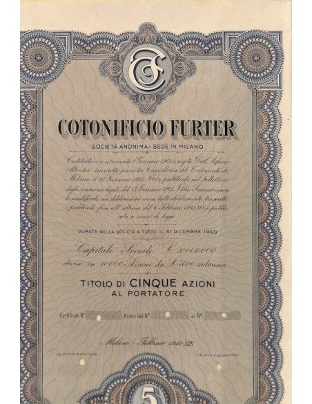COTONIFICIO FURTER - 5 AZIONI MILANO 1941