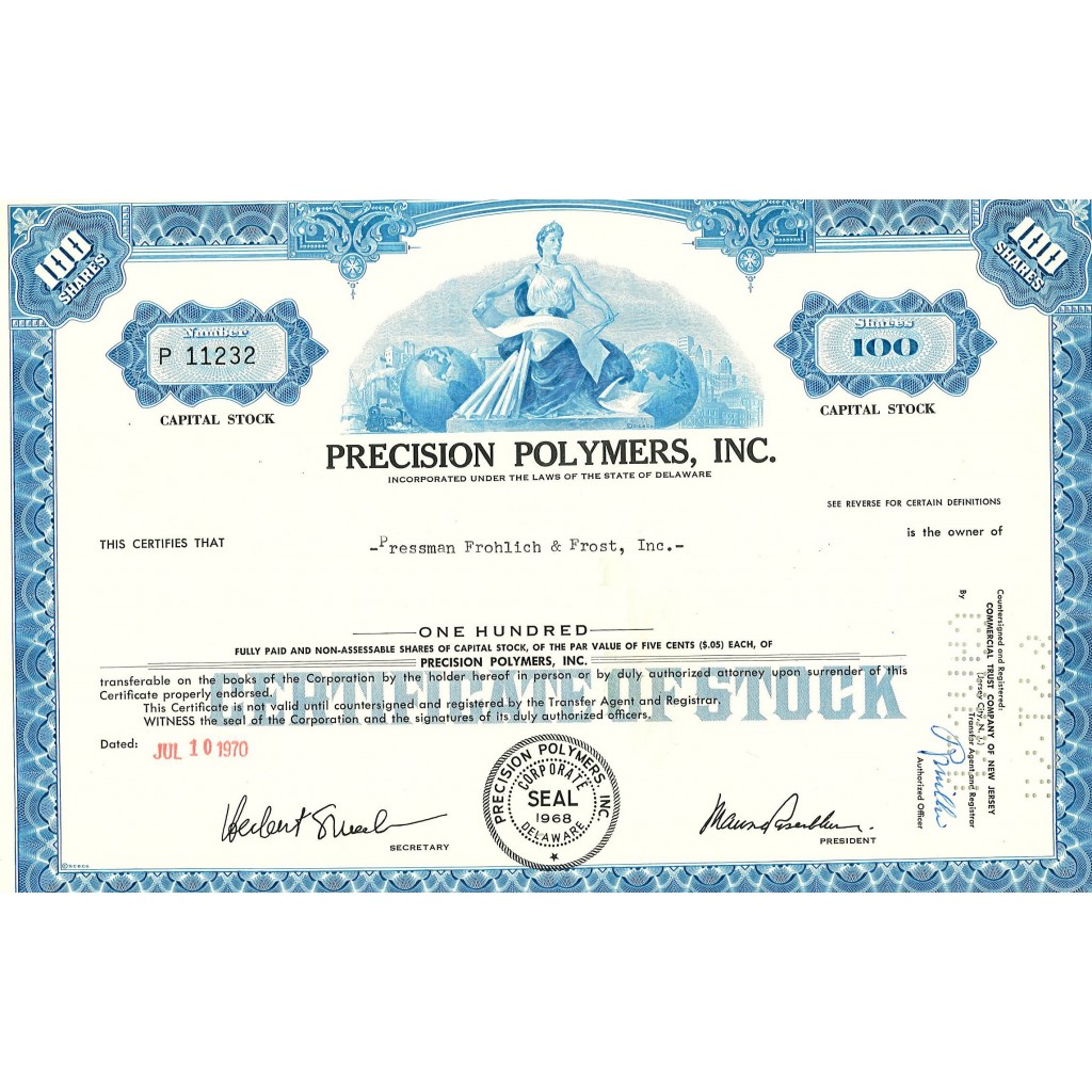 1970 - PRECISION POLYMERS, INC. - 100 AZIONI